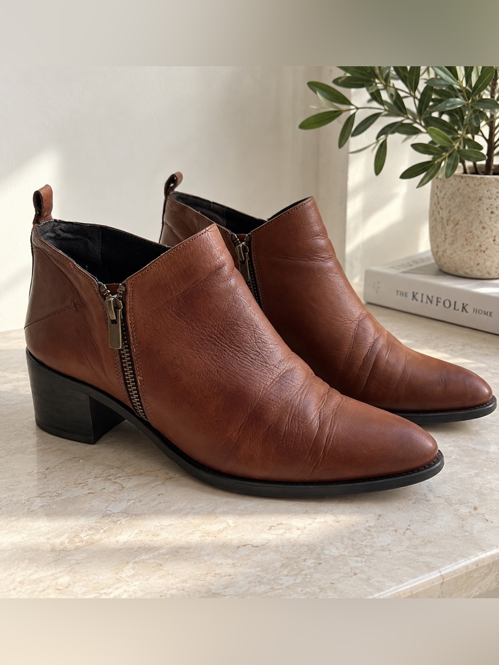Brown Lambskin Leather Ankle Boots Side Zip Block Heel Size 9 / 40